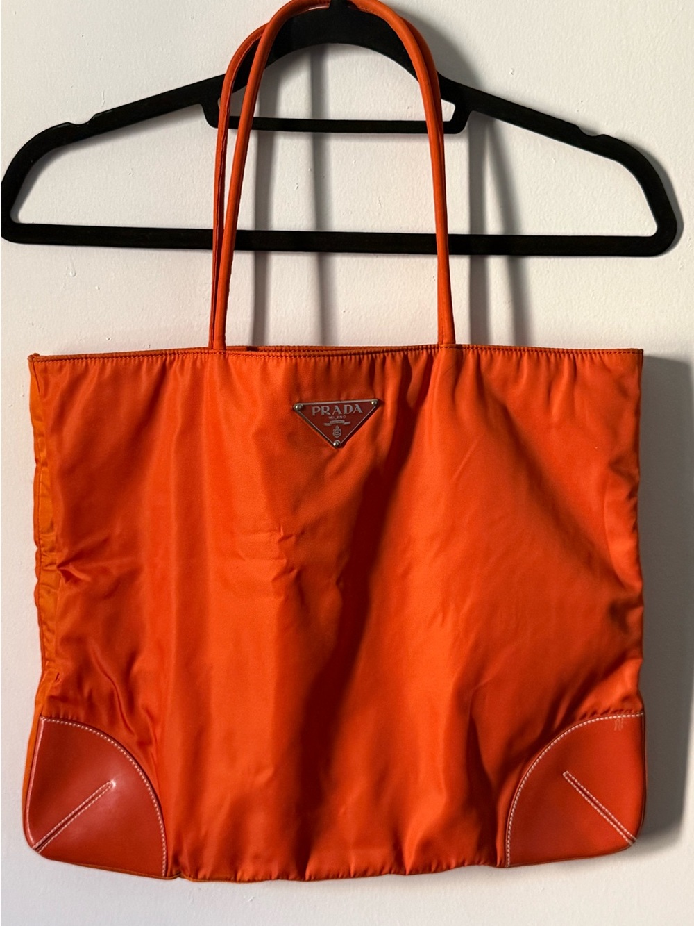 Prada Orange Nylon Tote Large Shopper Bag Leather Trim